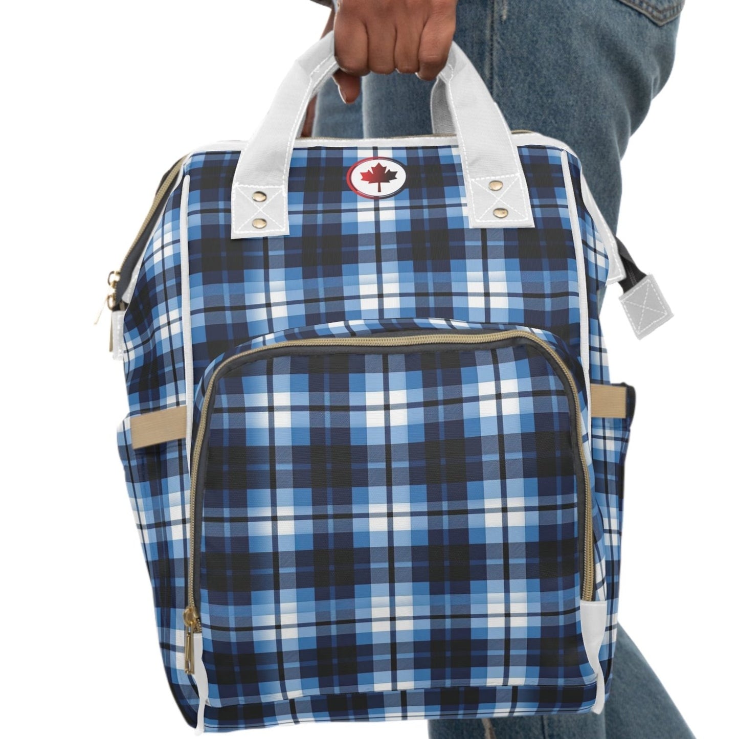 Canadian Blue Plaid - Multifunctional Diaper Backpack – Durable, Spacious, and Stylish - Maple Leaf