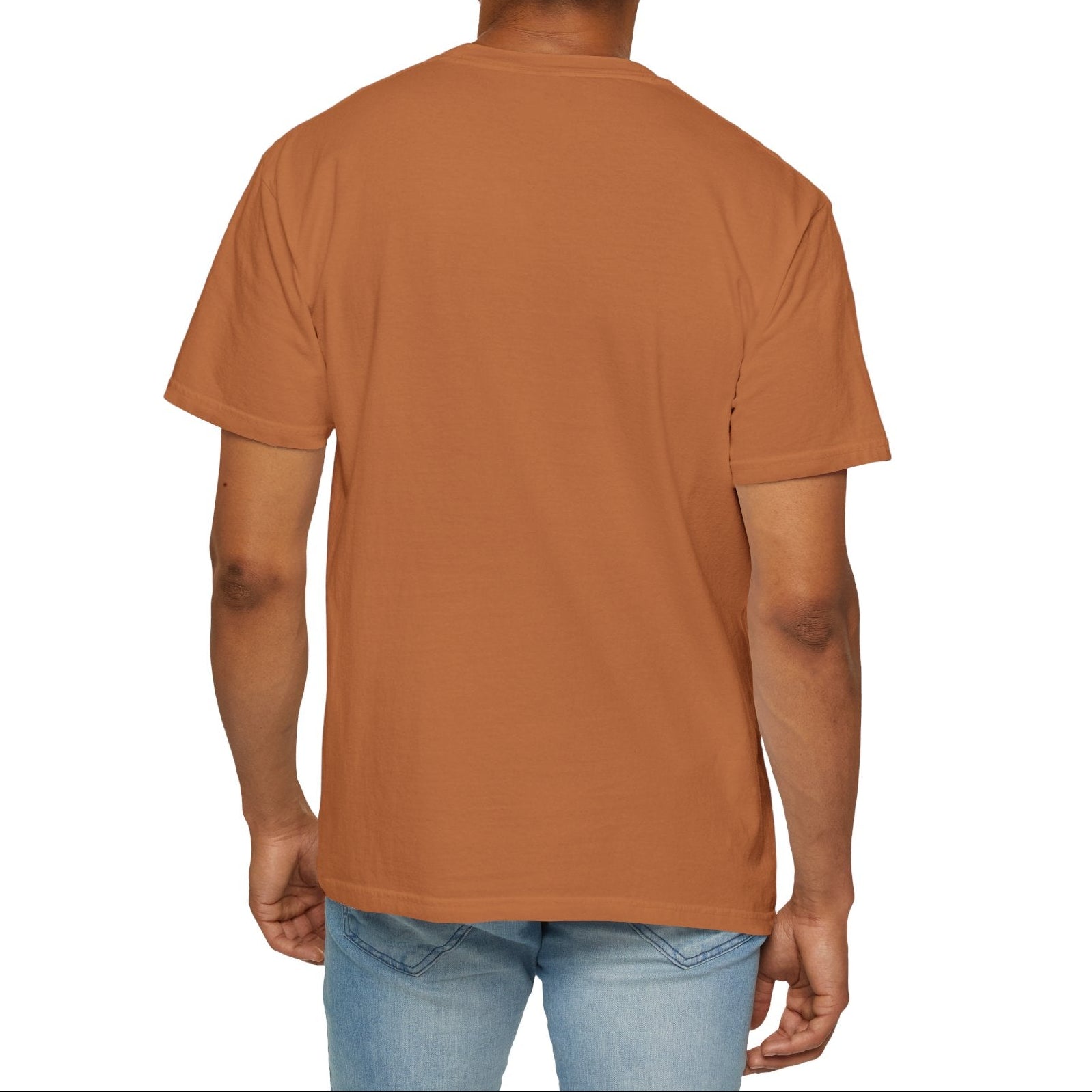 Person wearing a brown t-shirt on a white background