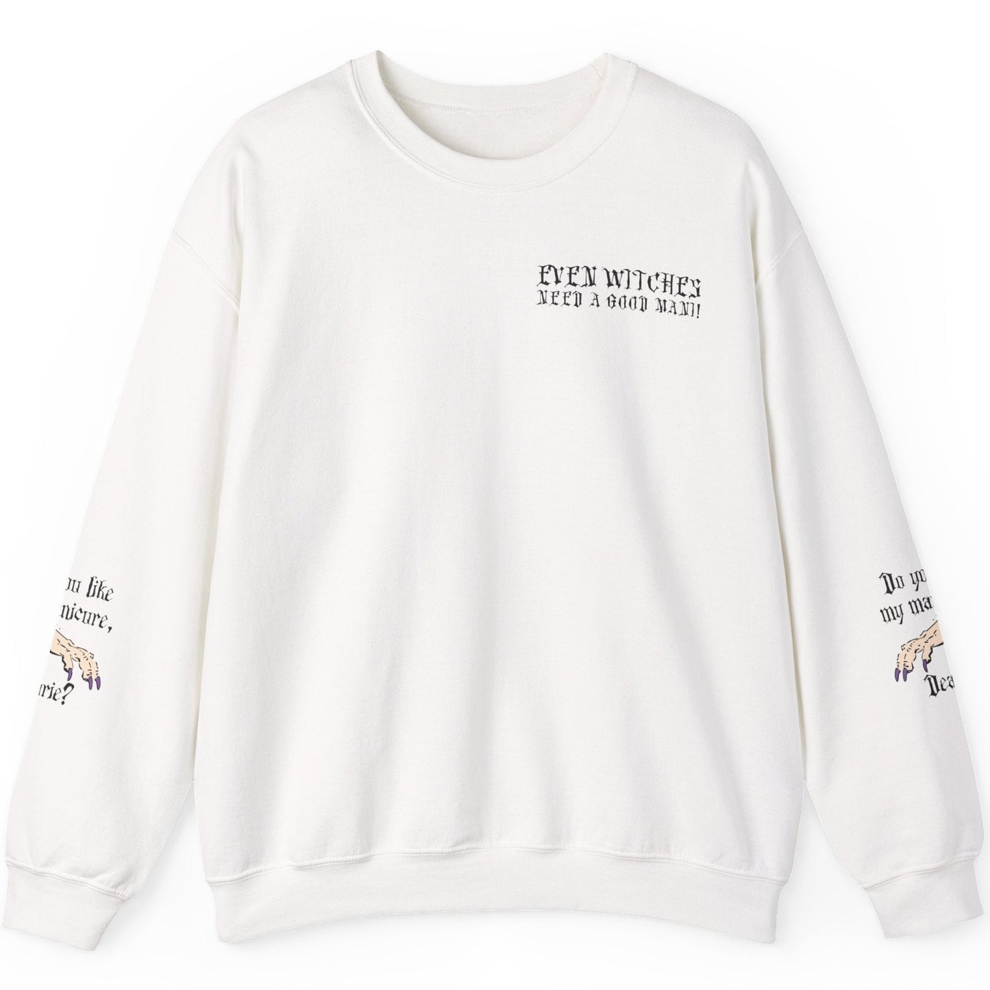 White sweatshirt with text and graphics on a white background