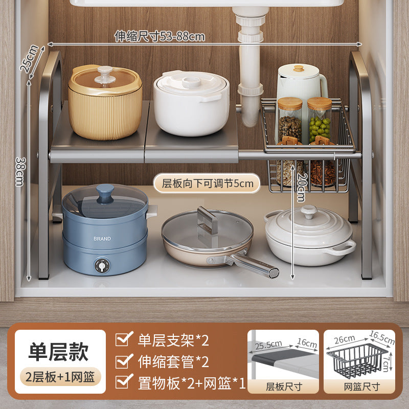 Kitchen cabinet organizer with pots, pans, and containers on a wooden shelf.