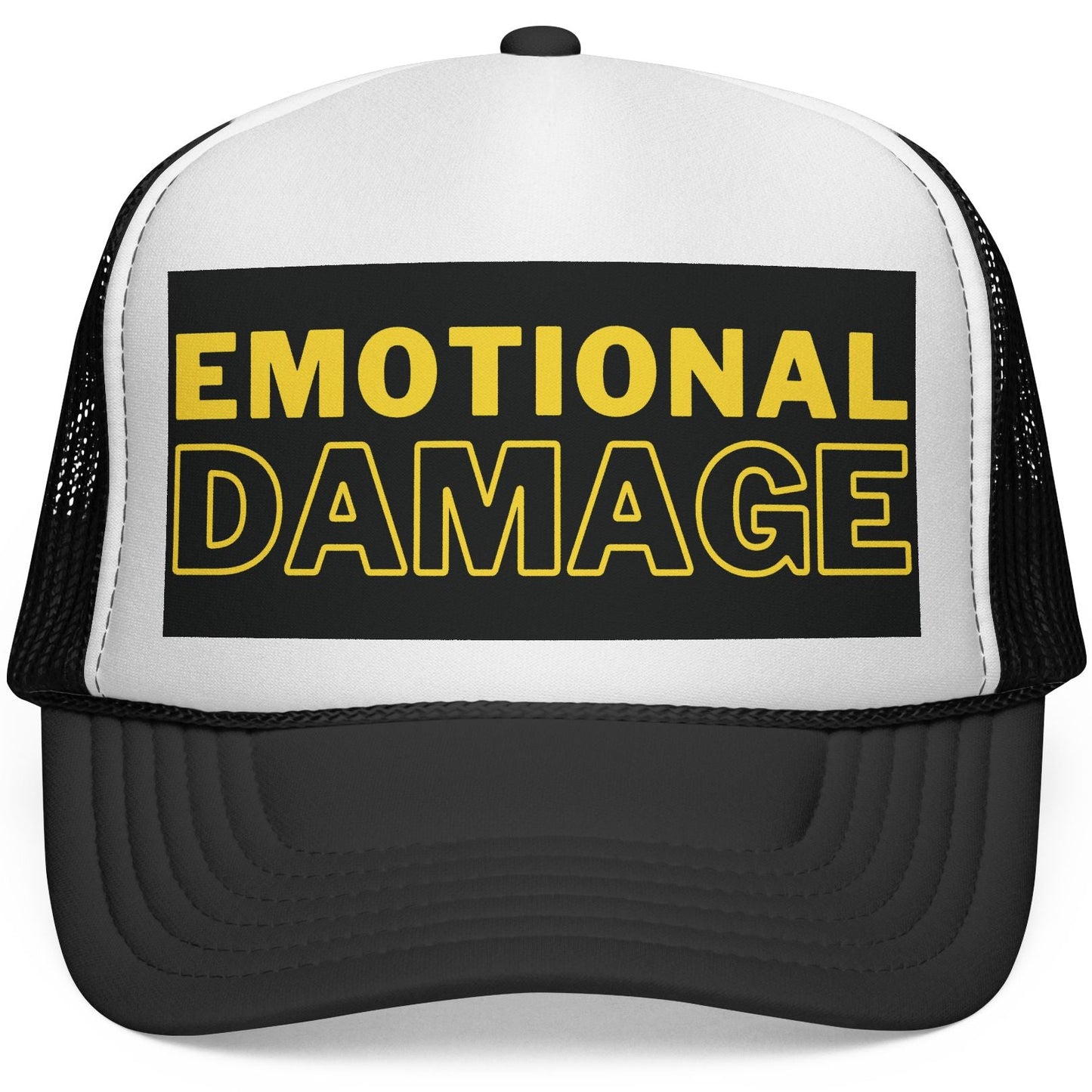 Trucker hat with 'EMOTIONAL DAMAGE' text on a white background