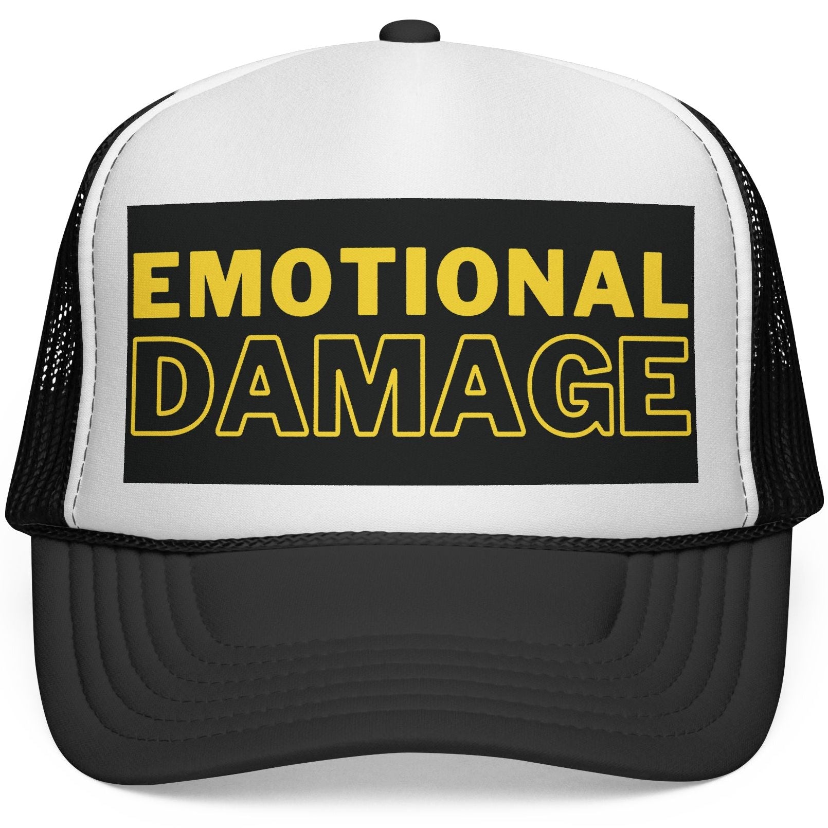 Trucker hat with 'EMOTIONAL DAMAGE' text on a white background