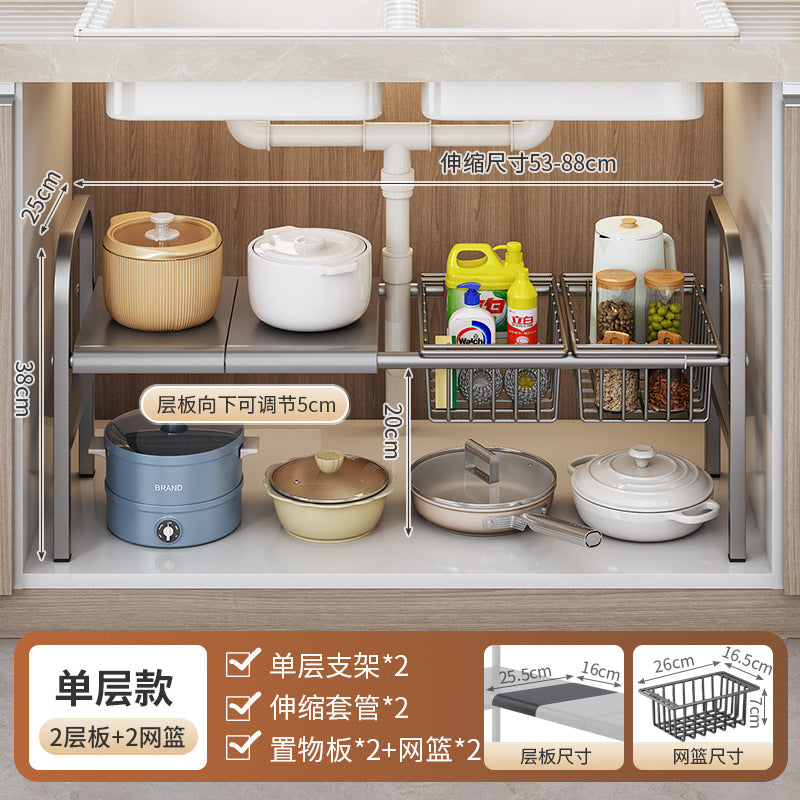 Under-sink kitchen organizer with various utensils and containers
