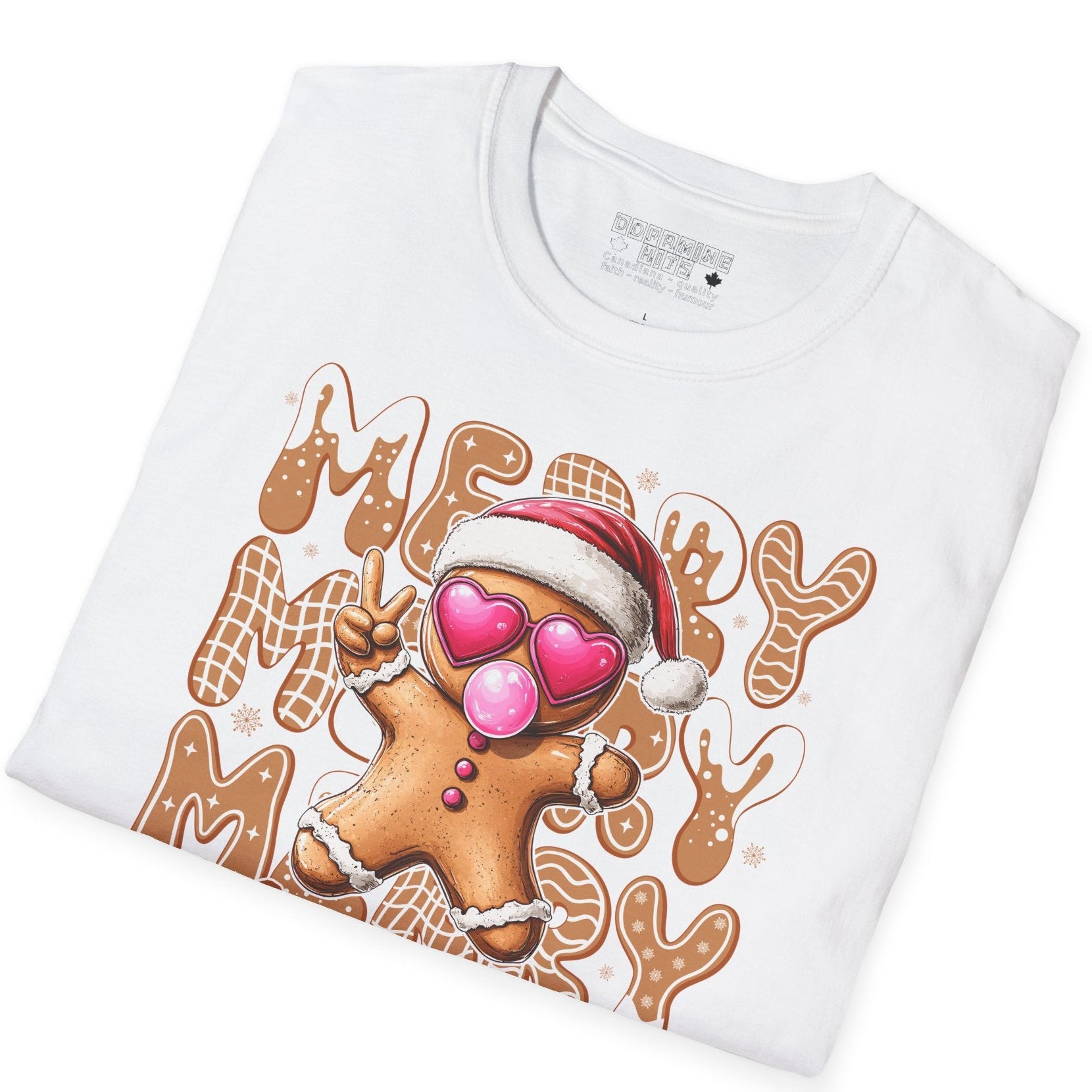 White t-shirt with a gingerbread man design and text on a white background