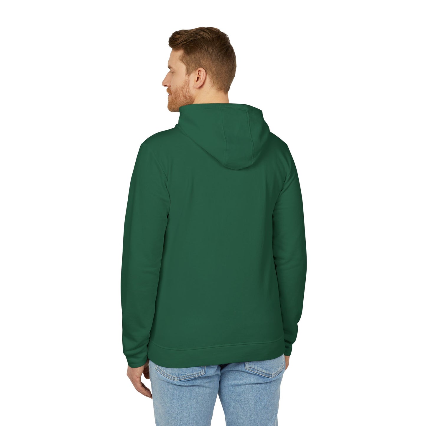 Man wearing a green hoodie on a white background