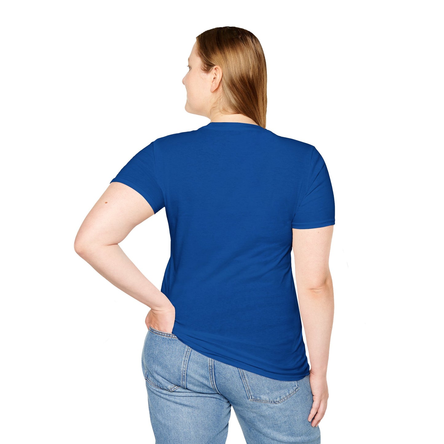 Person wearing a royal blue t-shirt and jeans on a white background