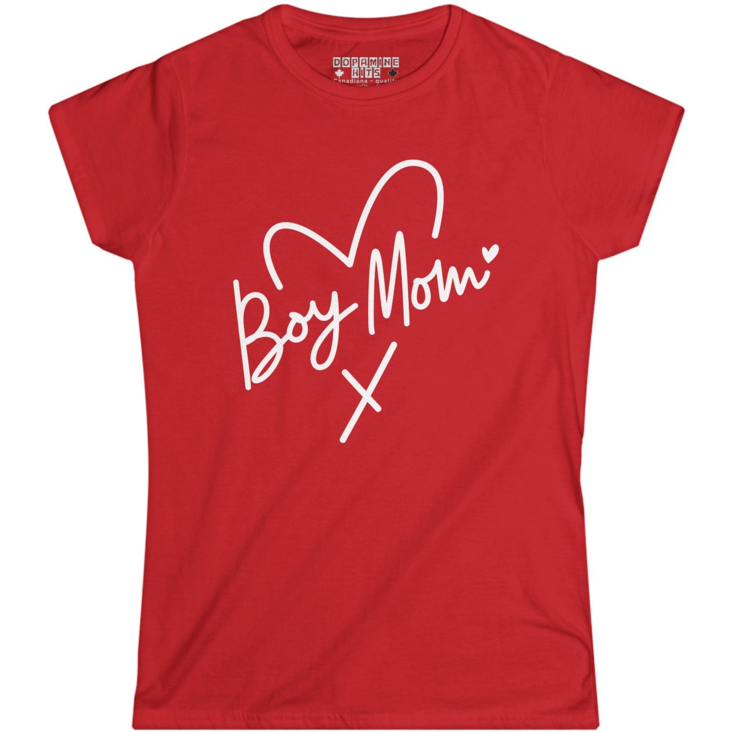 Red t-shirt with 'Boy Mom' text and heart design on a white background