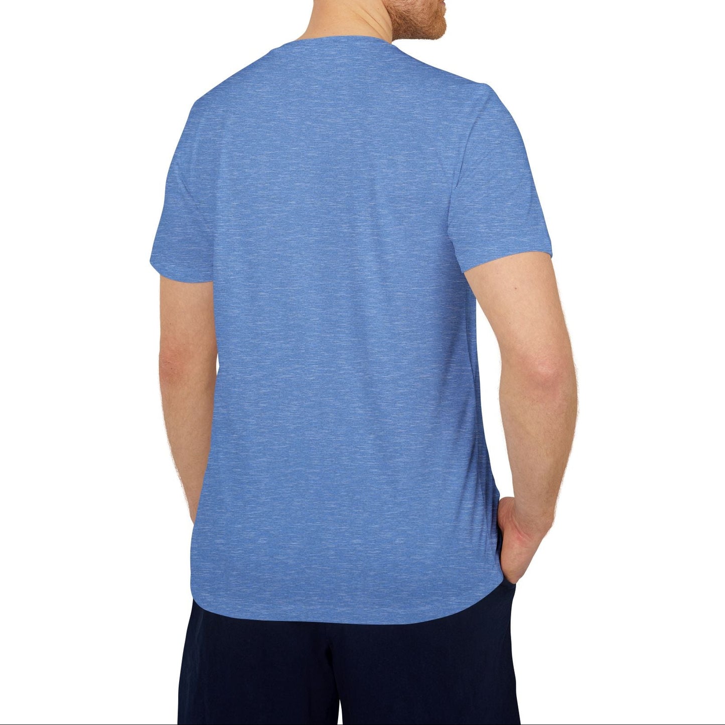 Man wearing a blue t-shirt on a white background