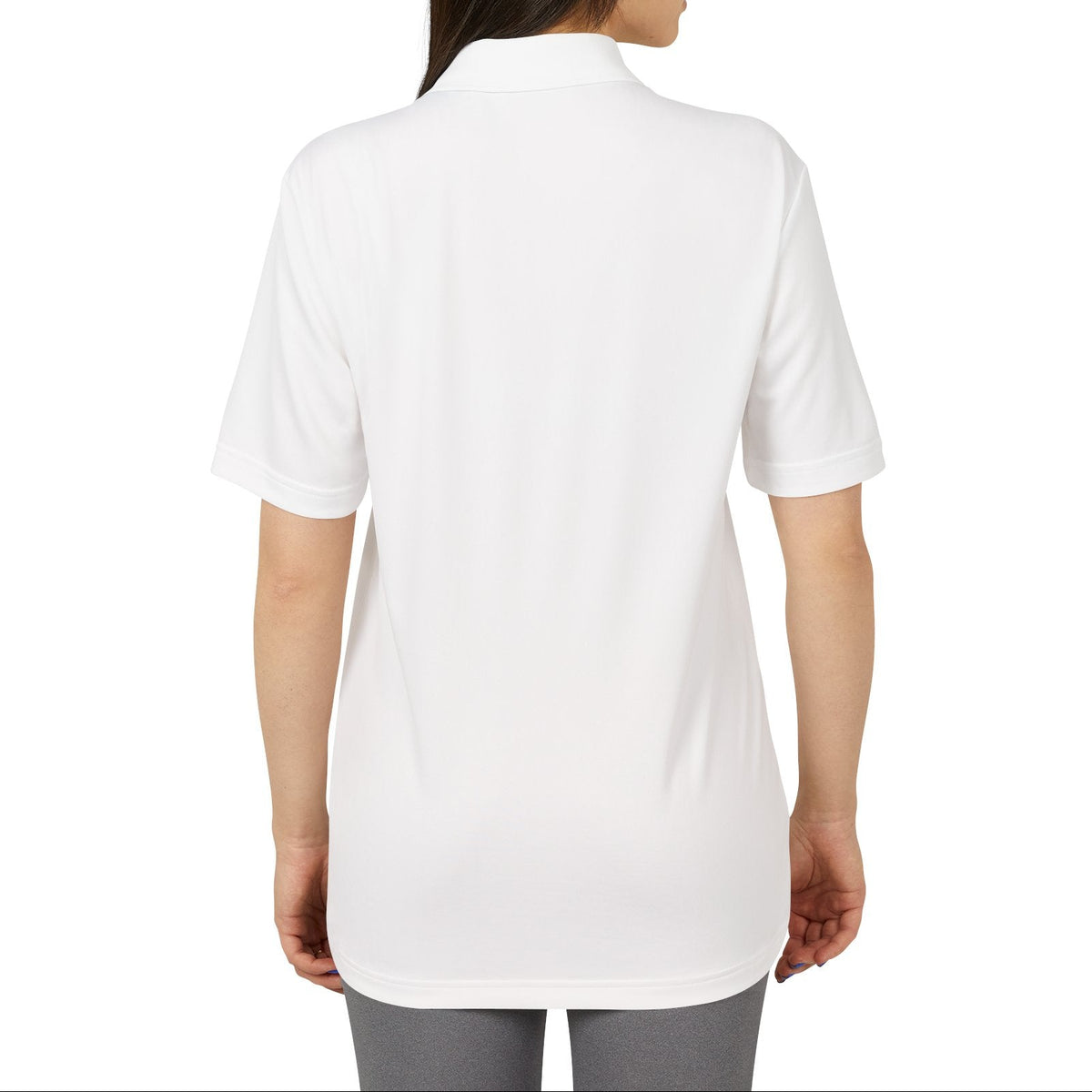 Woman wearing a white polo shirt on a white background