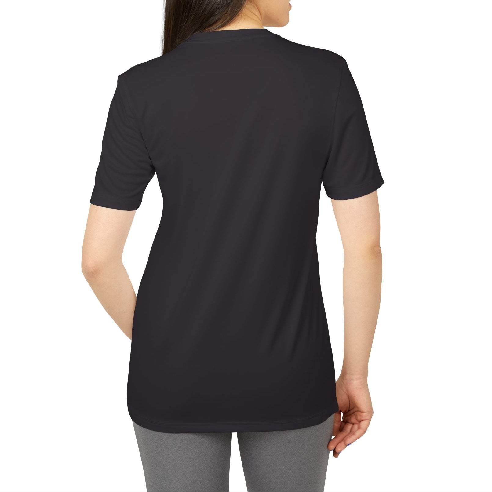 Woman wearing a black t-shirt on a white background