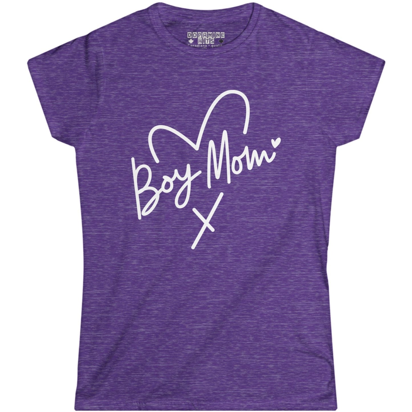 Heather Purple t-shirt with 'Boy Mom' text on a white background
