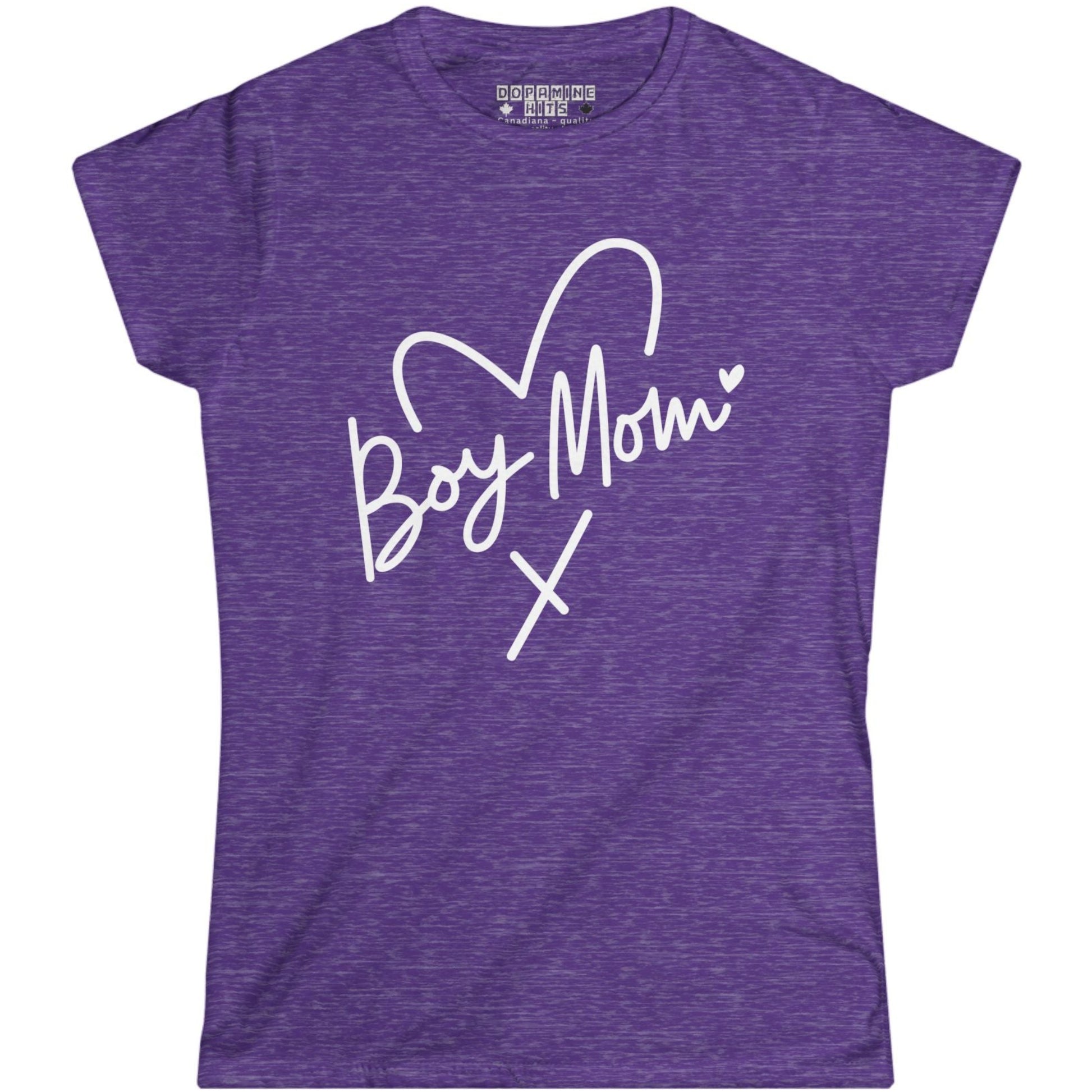 Heather Purple t-shirt with 'Boy Mom' text on a white background