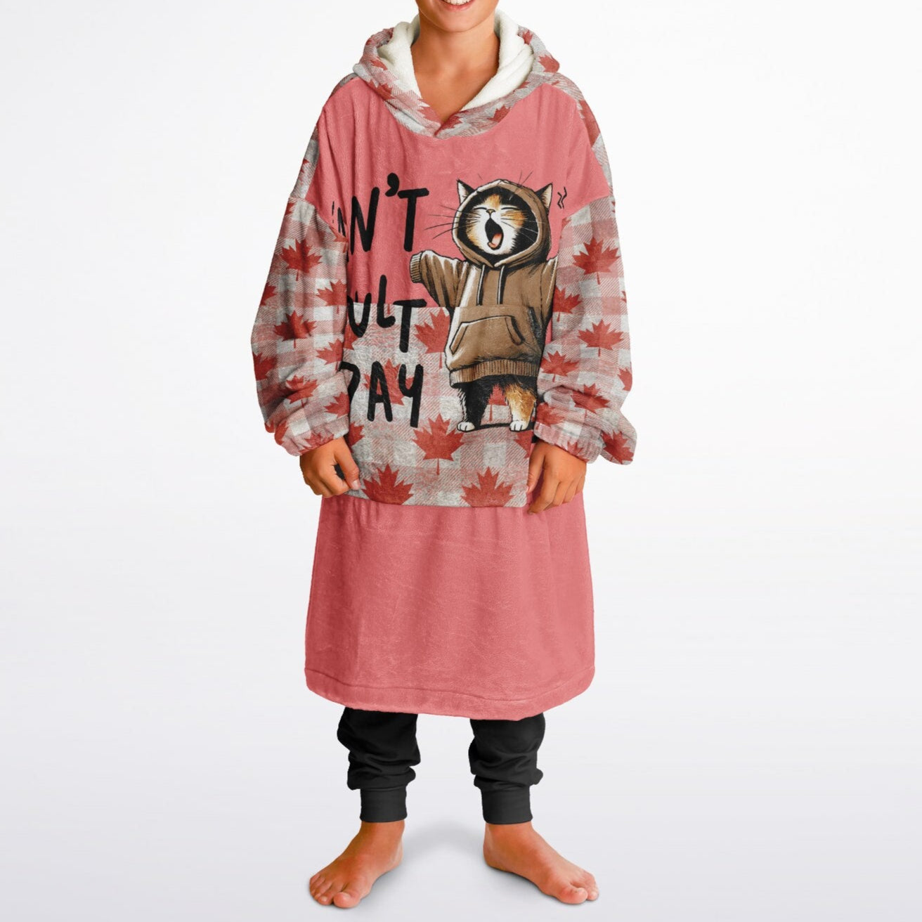 Child wearing a pink hoodie with a cat graphic and text on a white background
