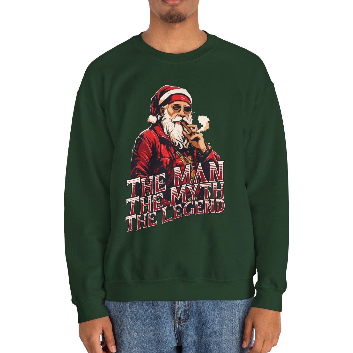 Person wearing a green sweatshirt with a graphic design and text on a white background