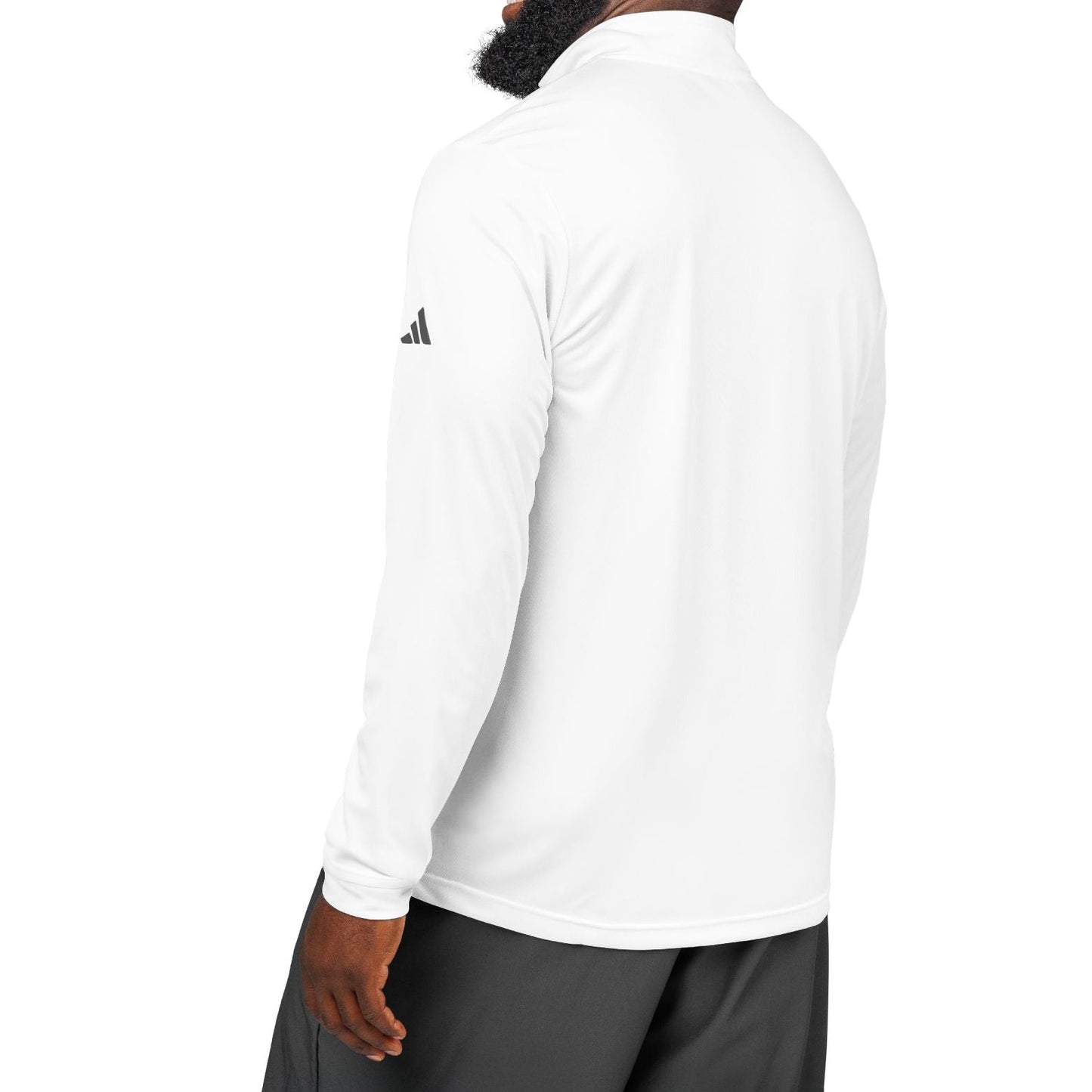 Man wearing a white Adidas long-sleeve shirt on a white background