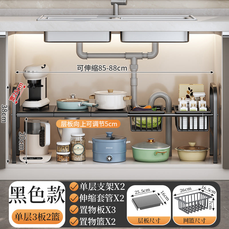 Kitchen cabinet organizer with shelves and cookware, featuring text on dimensions and features.
