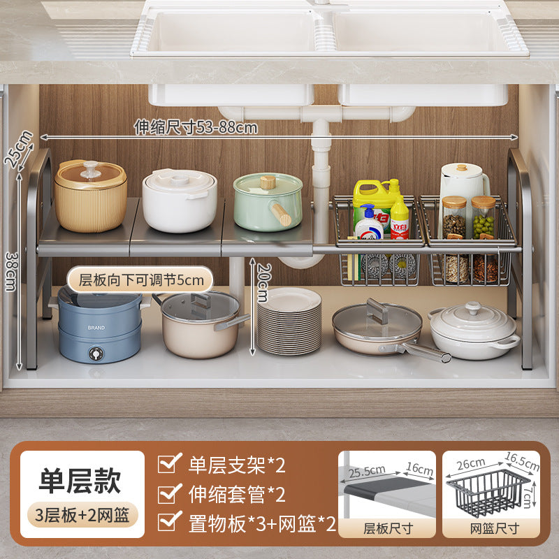 Kitchen cabinet organizer with pots, pans, and kitchen items on a wooden background
