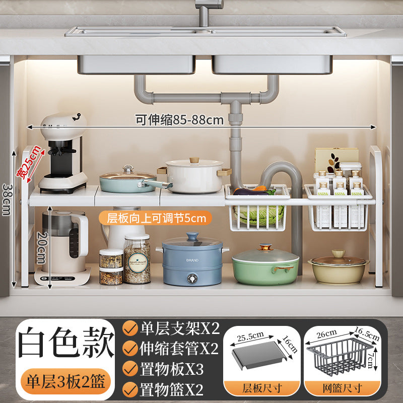 Kitchen shelf organizer with various kitchen items on a white background