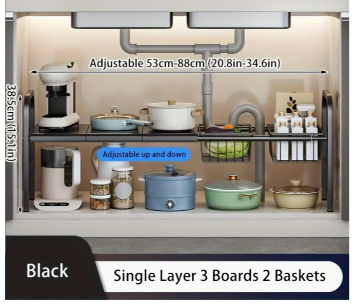 Kitchen cabinet organizer with adjustable shelves and baskets, featuring various kitchen items.