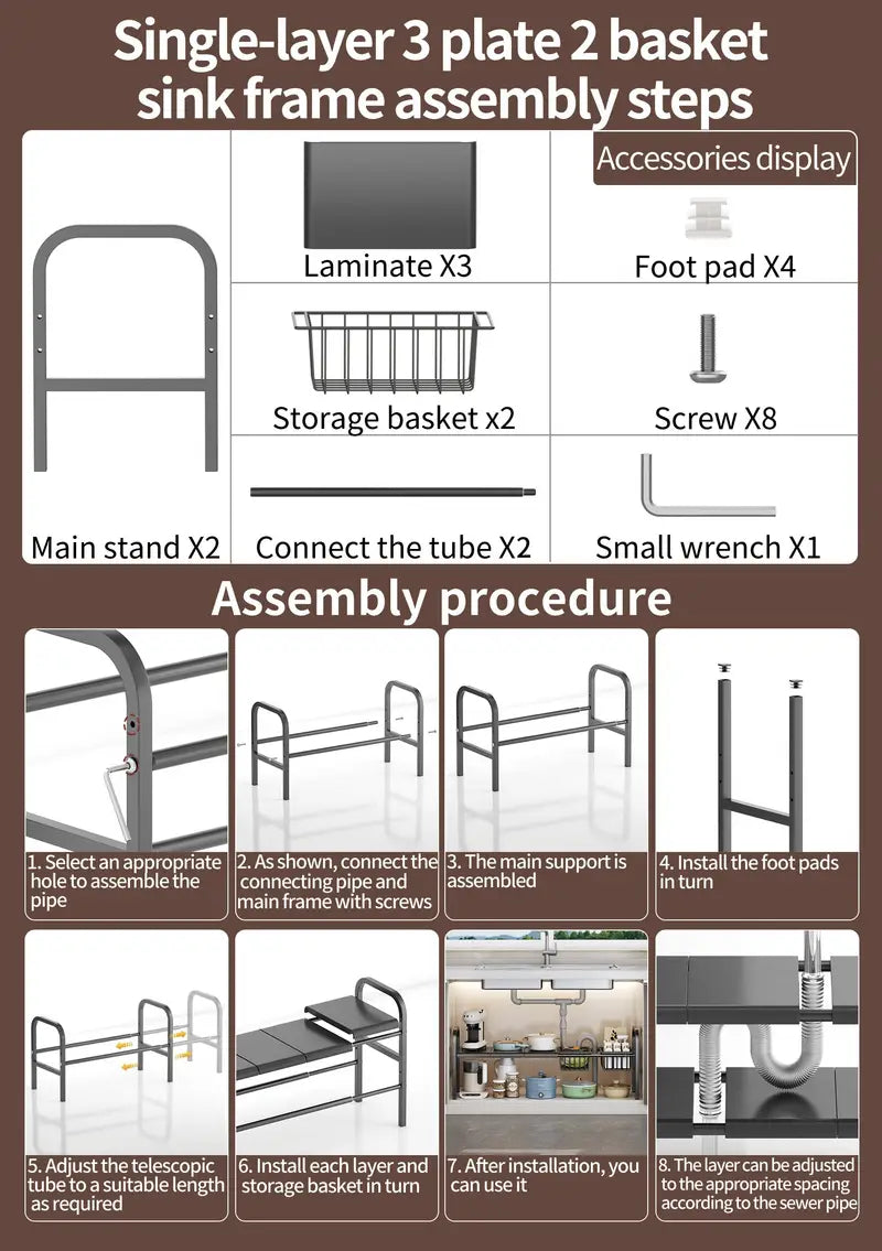 Step-by-step assembly guide for a single-layer 3 plate 2 basket sink frame with illustrations and text.
