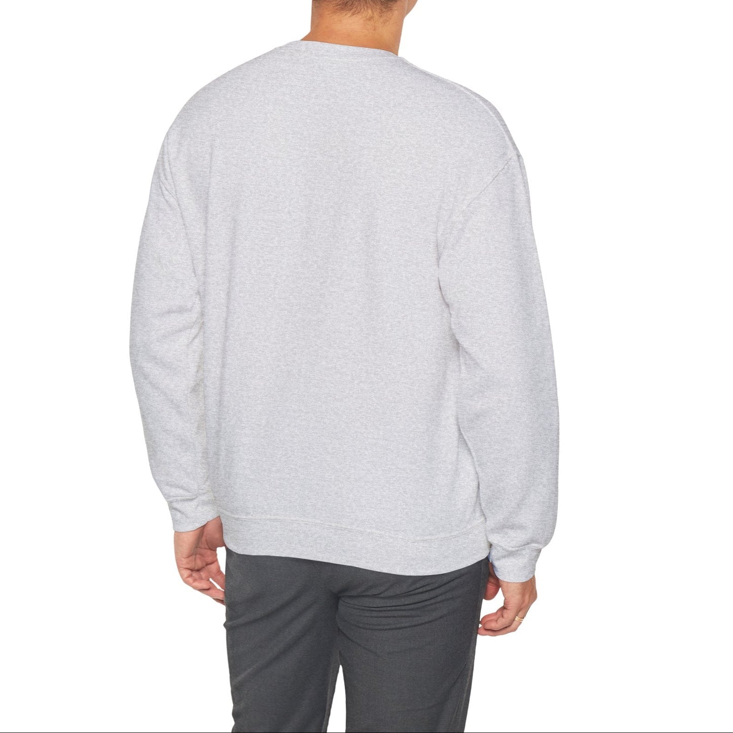 Man wearing a gray sweatshirt on a white background