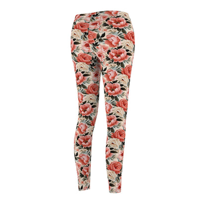 Peach Peonies - Women's Cut & Sew Casual Leggings