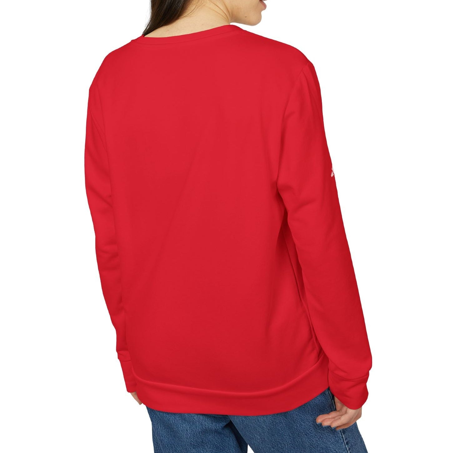 Person wearing a red long-sleeve shirt on a white background