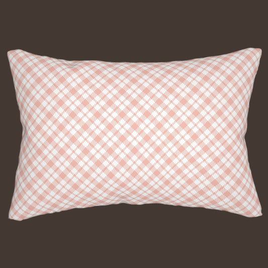 Rectangular pillow with pink and white checkered pattern on a white background