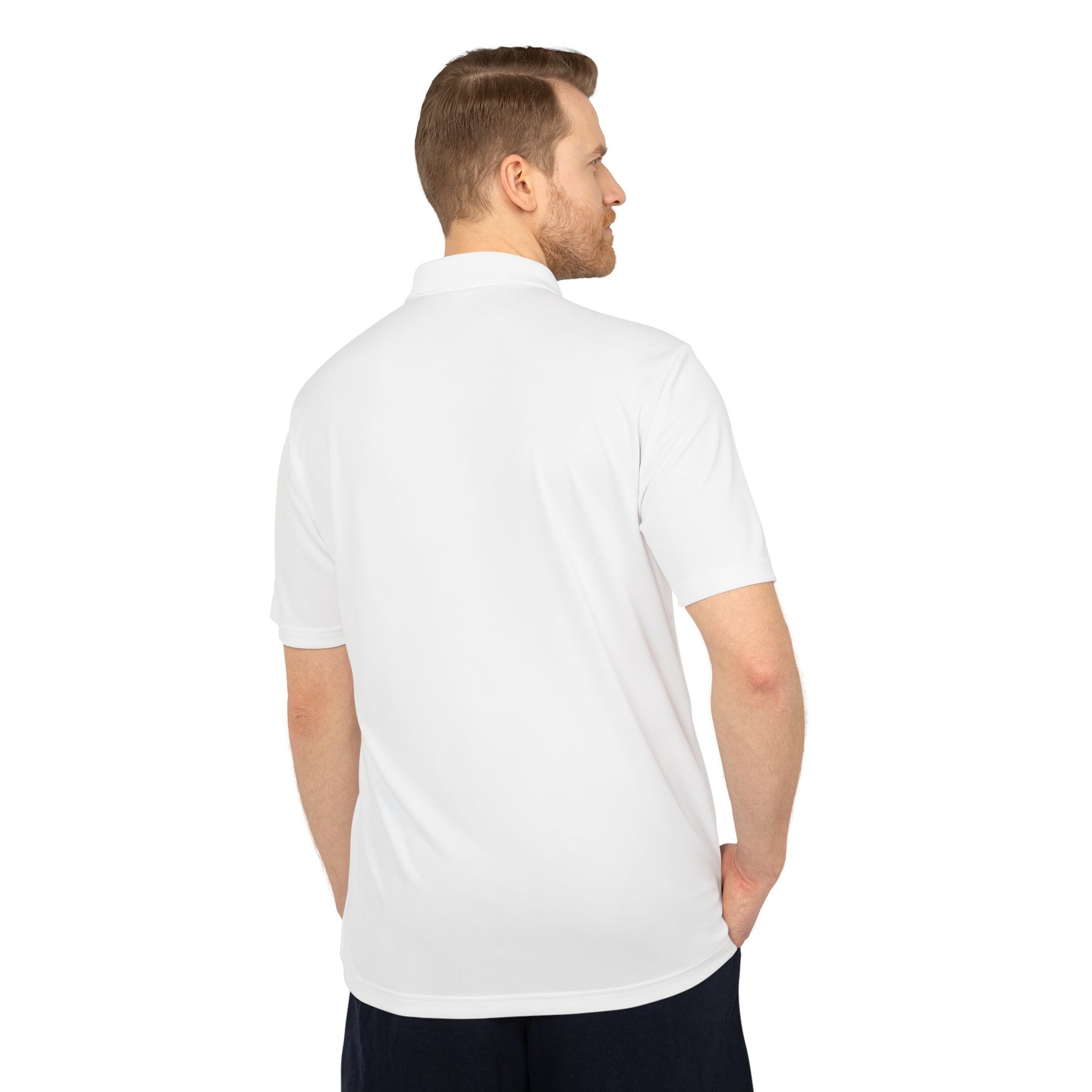 Man wearing a white polo shirt on a white background