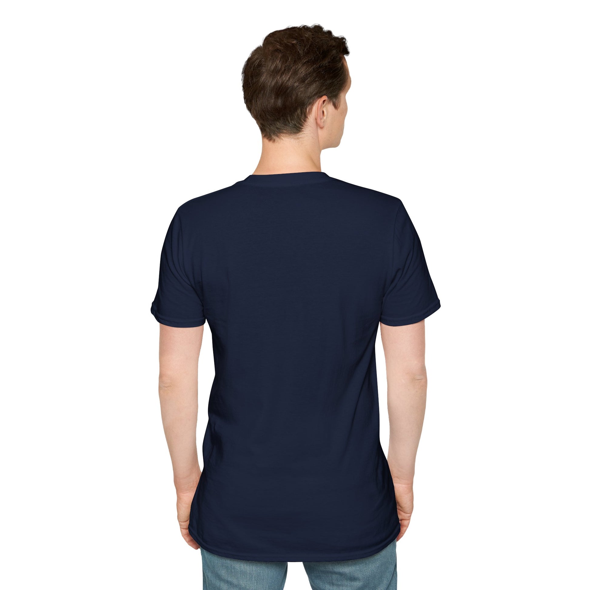 Person wearing a navy blue t-shirt on a white background