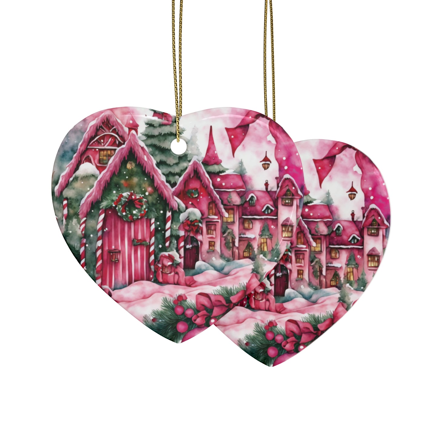 Idyllic Fantasy Christmas Scene | Pink Ceramic Ornaments (1pcs, 5pcs, 10pcs, 20pcs) - 26