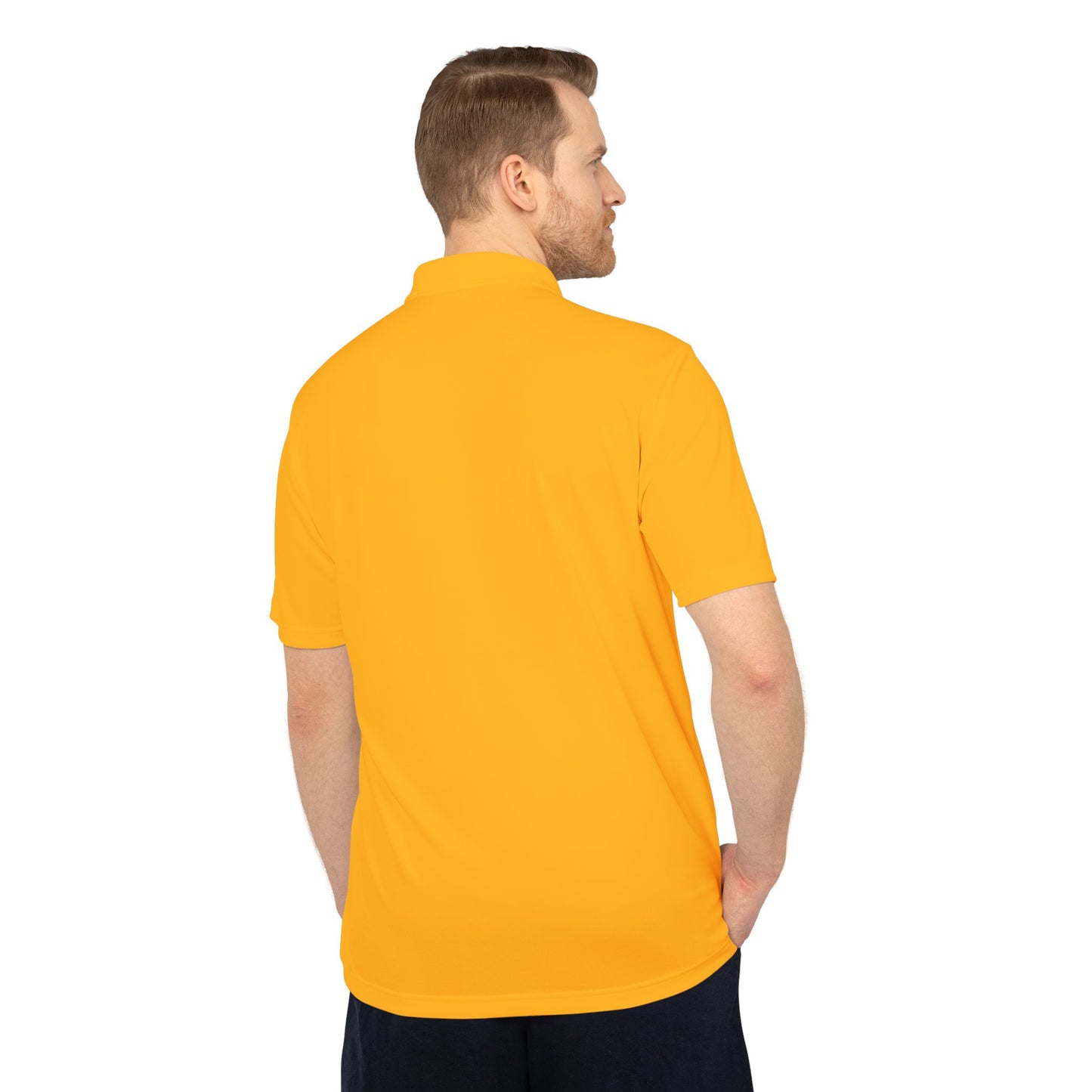 Man wearing a yellow polo shirt on a white background