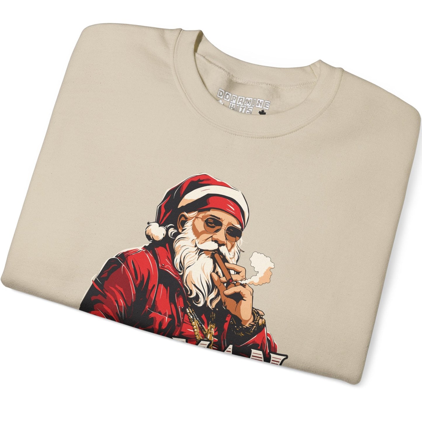 Folded sand sweatshirt with a graphic of a smoking Santa Claus on a white background