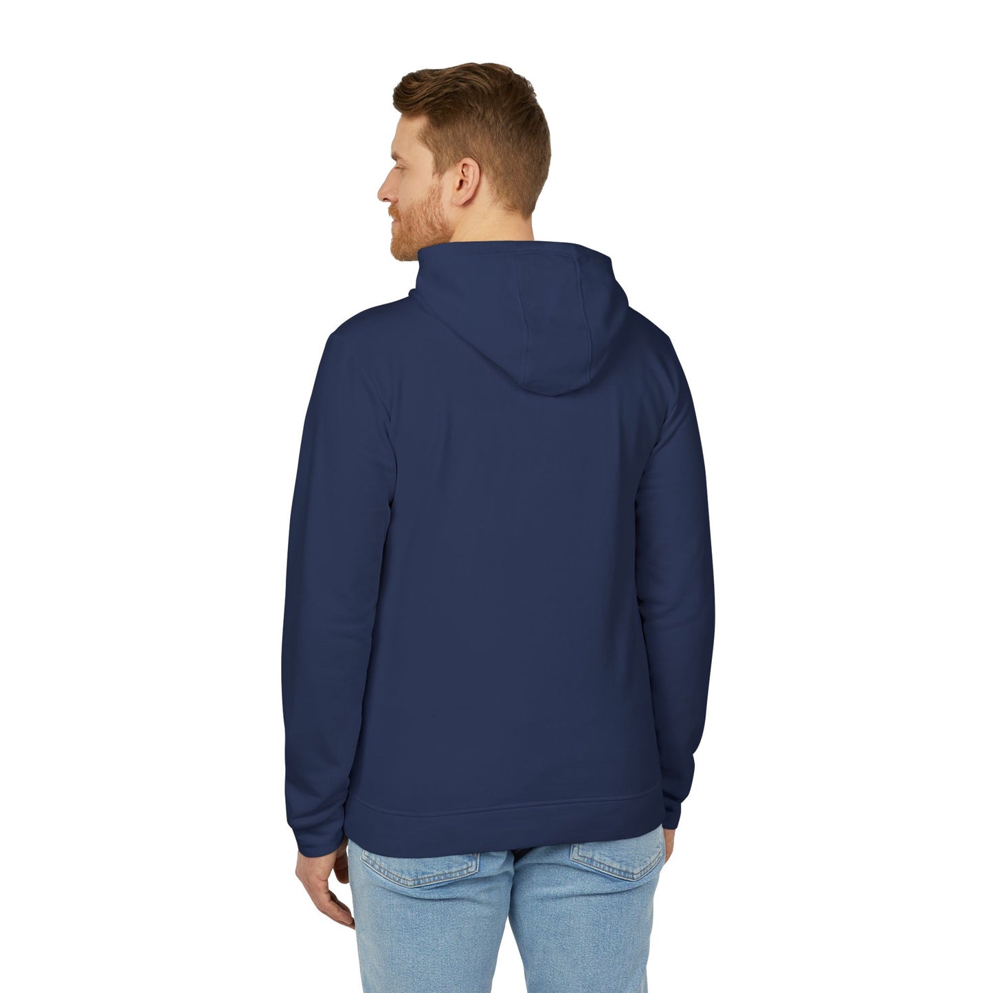 Man wearing a navy blue hoodie on a white background