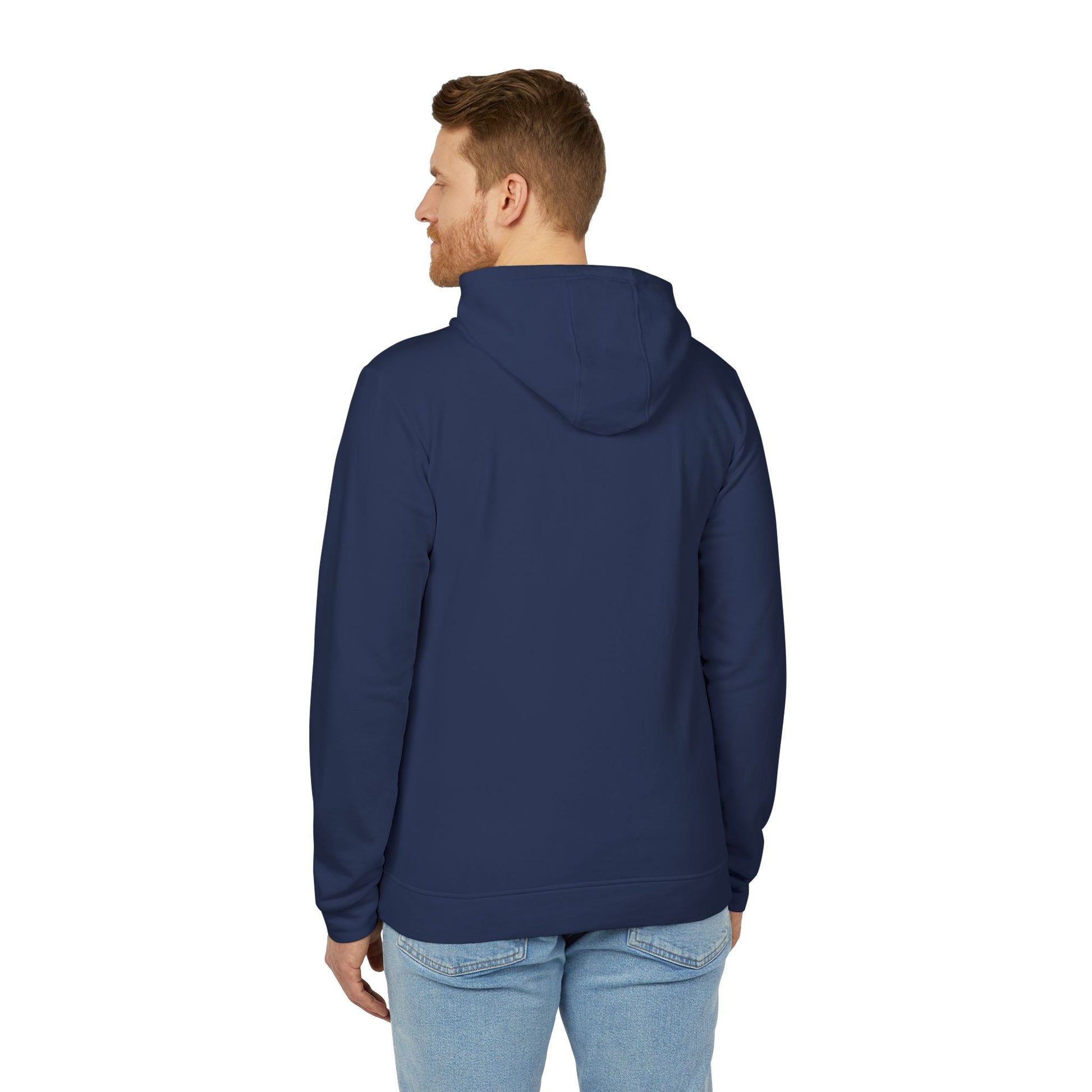 Man wearing a navy blue hoodie on a white background