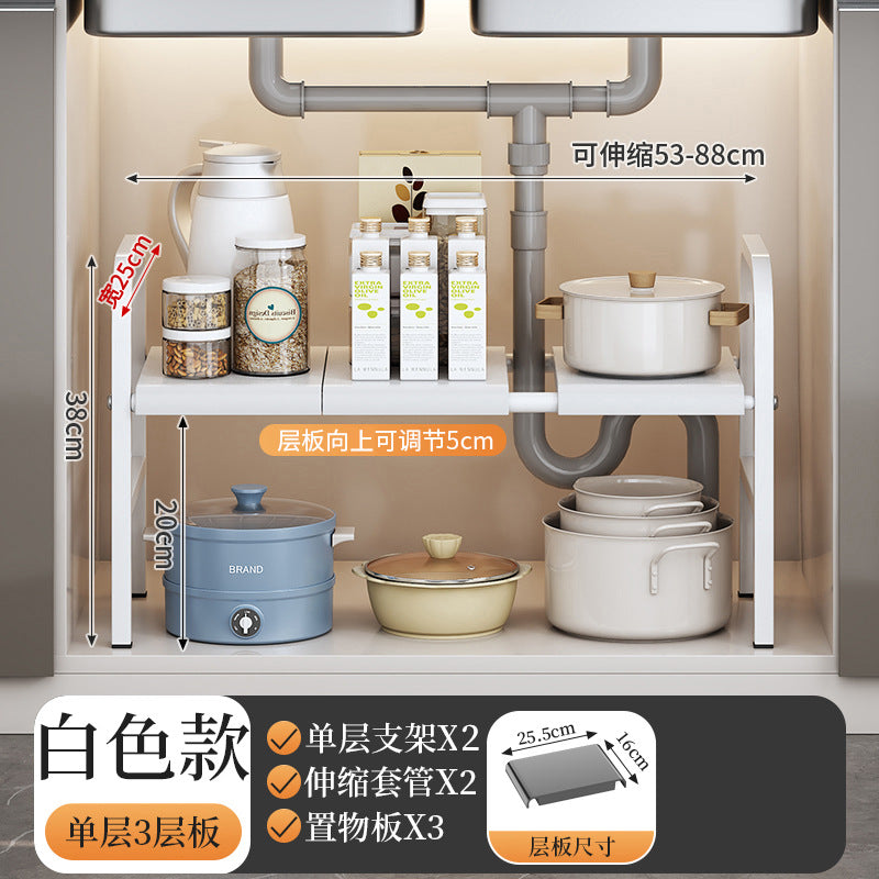 Kitchen shelf with pots, pans, and containers in a kitchen setting