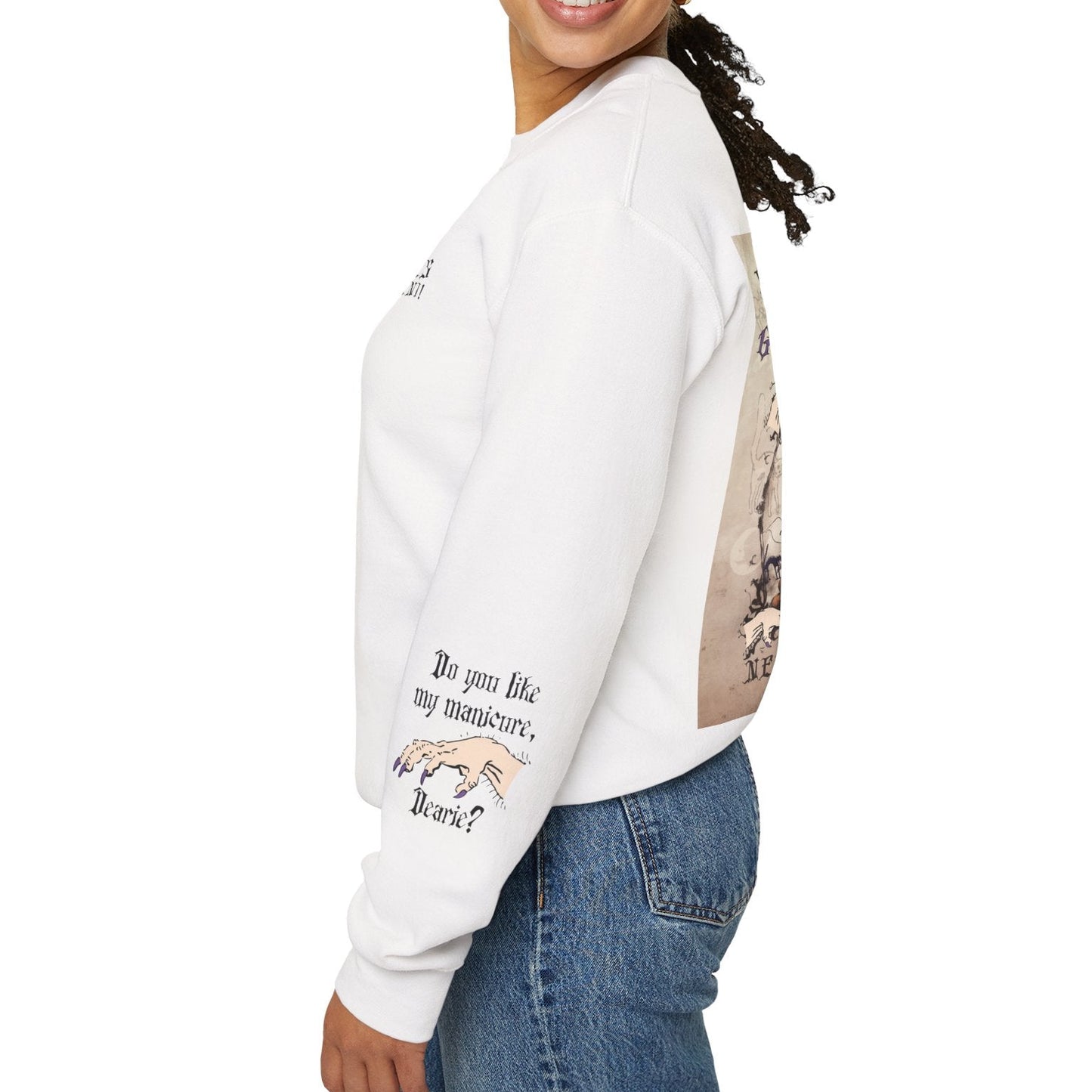 Woman wearing a white sweatshirt with graphic design and text, standing against a white background