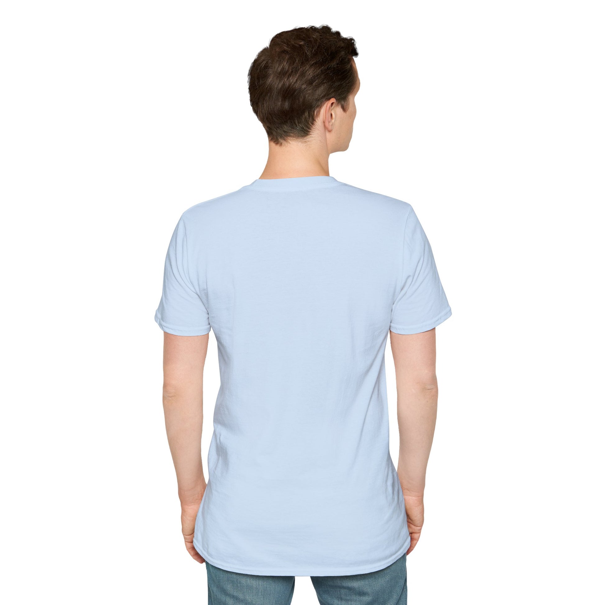 Person wearing a light blue t-shirt on a white background