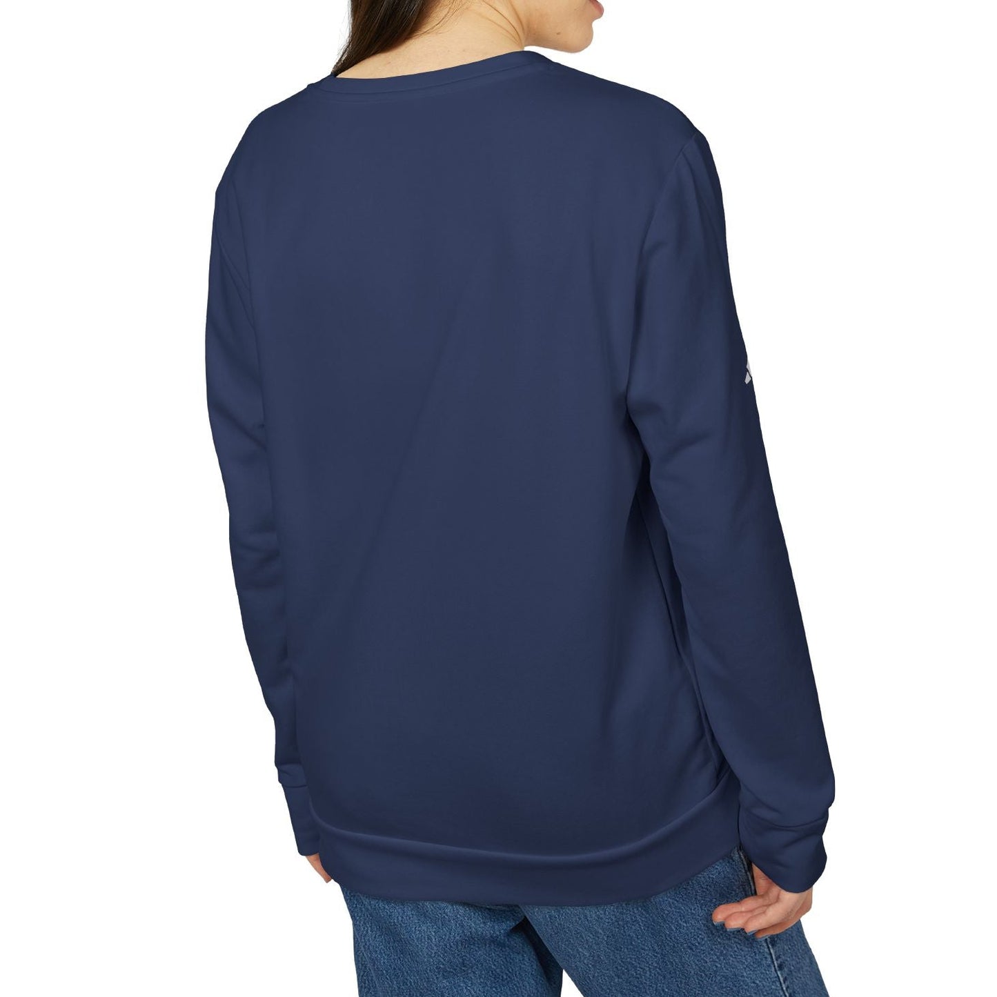 Person wearing a navy blue sweatshirt on a white background