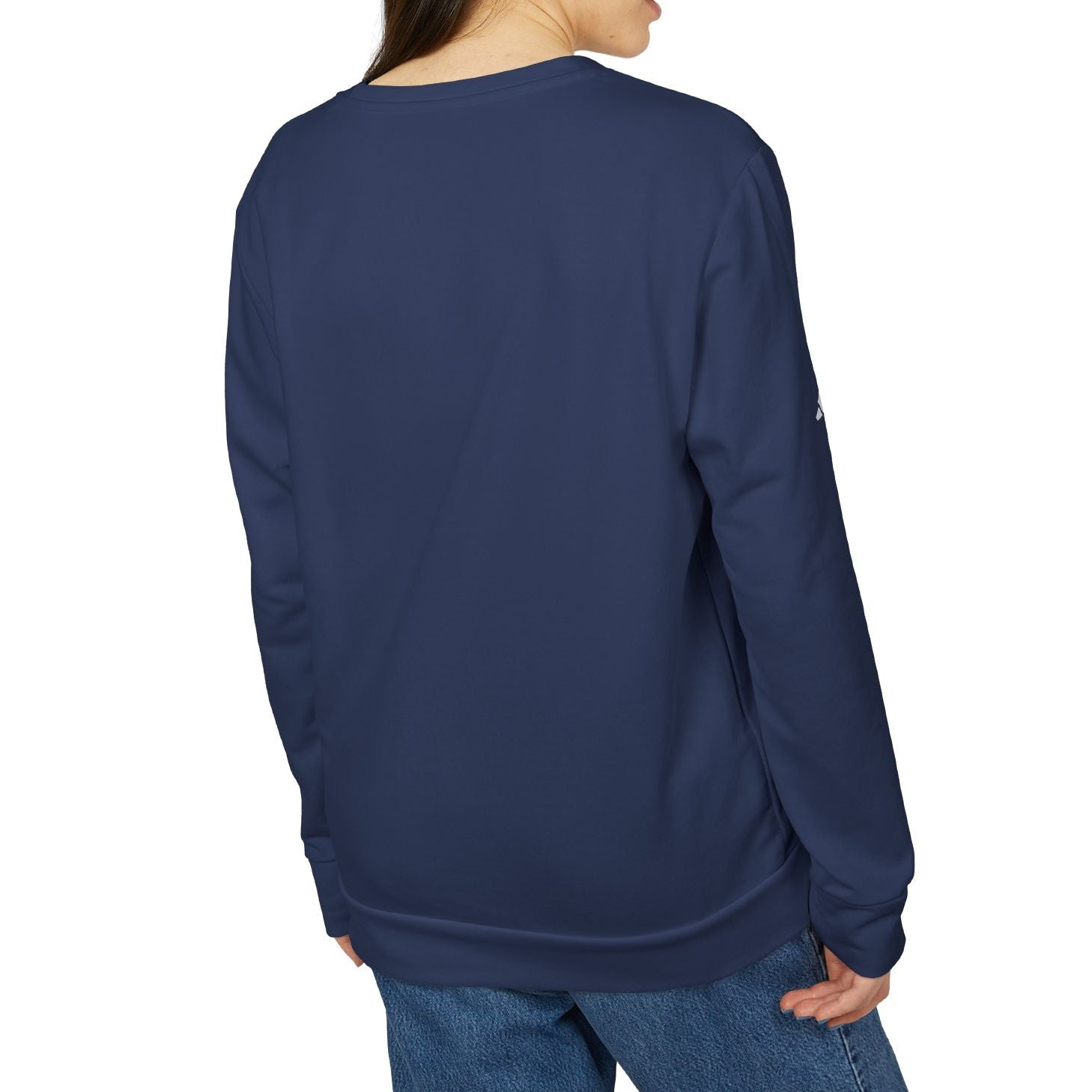 Person wearing a navy blue sweatshirt on a white background