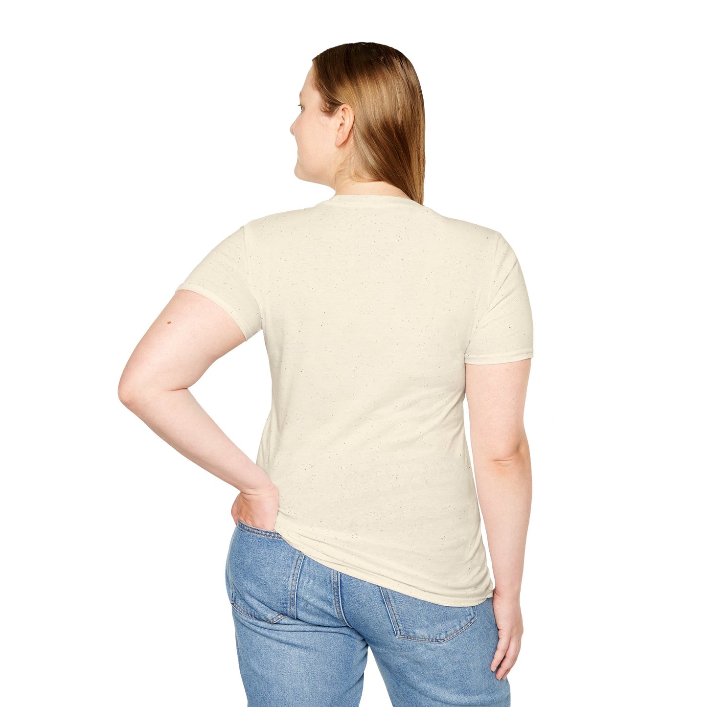 Woman wearing a beige t-shirt and blue jeans on a white background