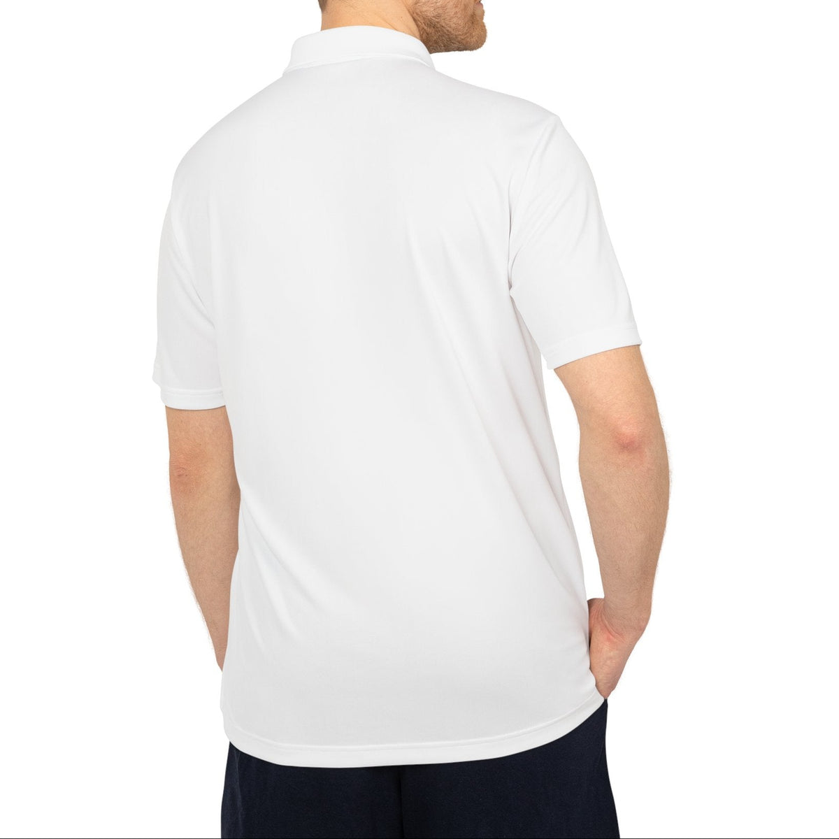 Man wearing a white polo shirt on a white background