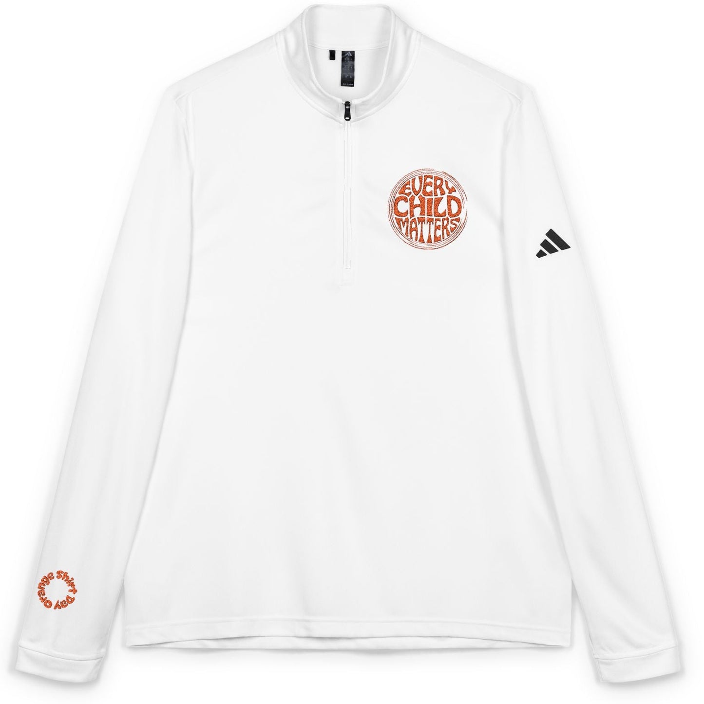 White long-sleeve shirt with orange logo on a white background