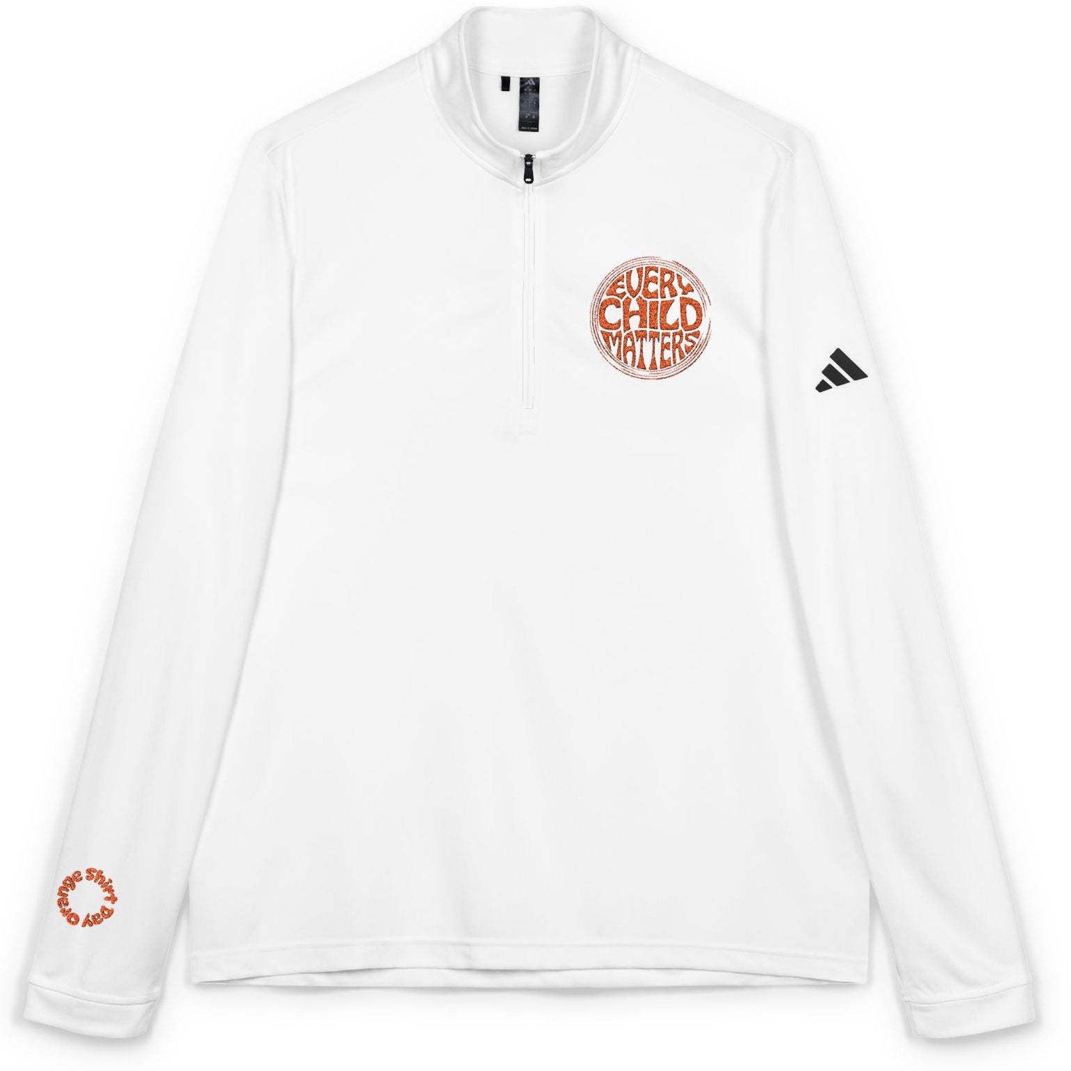 White long-sleeve shirt with orange logo on a white background