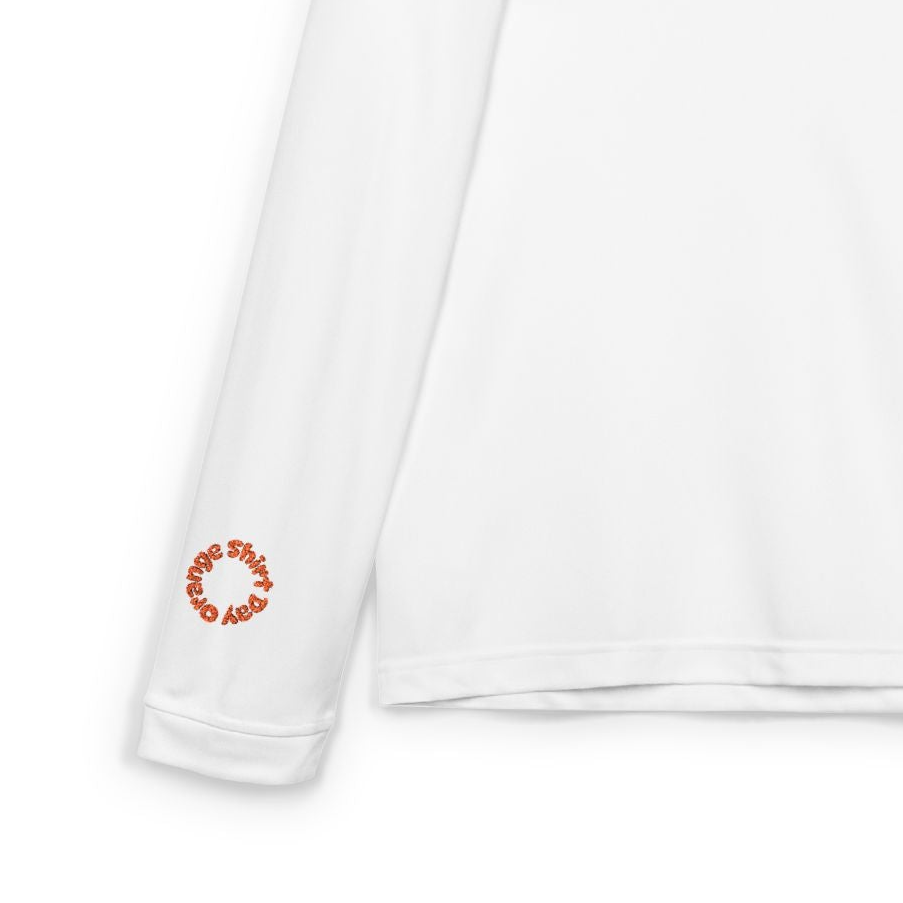 White long-sleeve shirt with orange shirt day logo on a white background