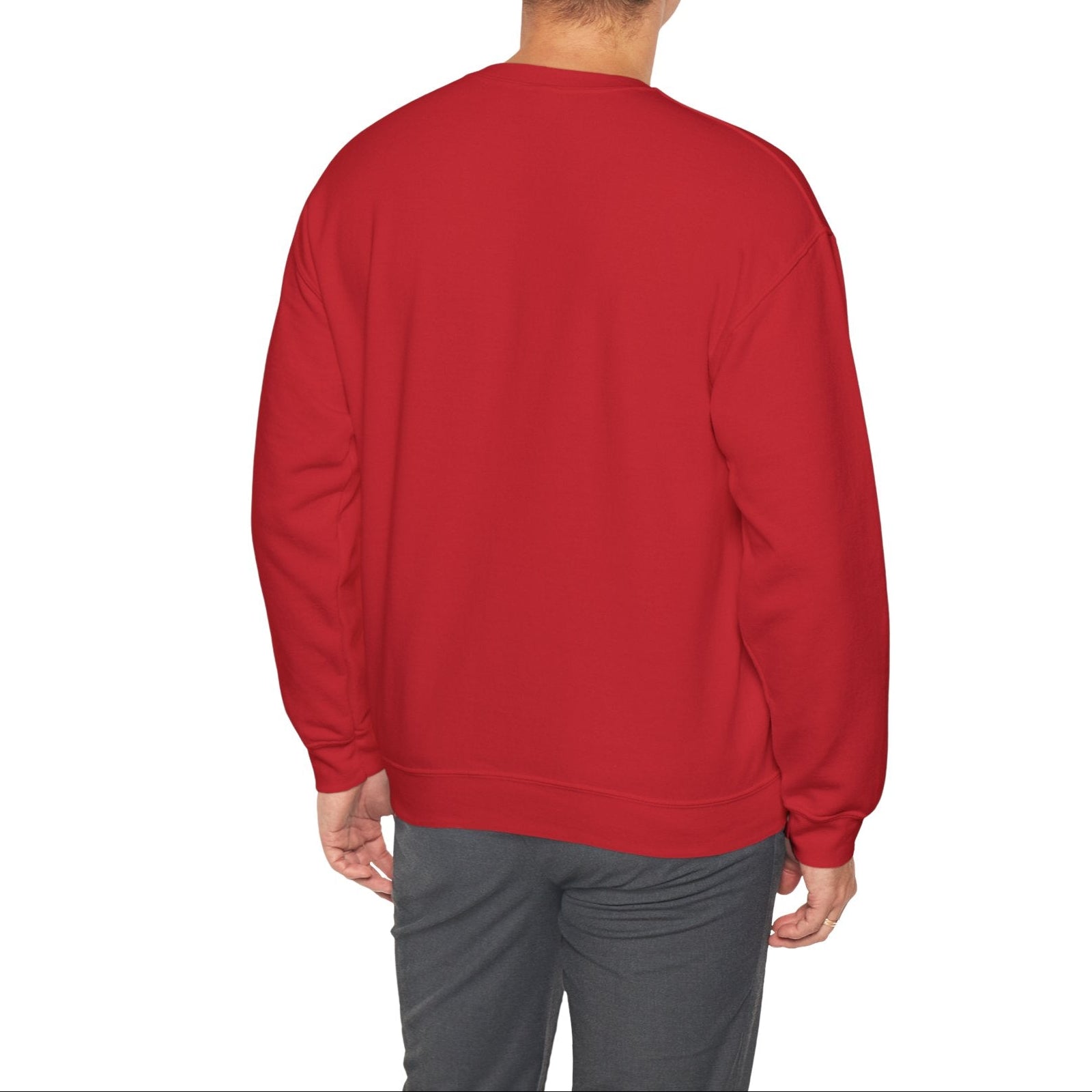 Person wearing a red sweatshirt on a white background