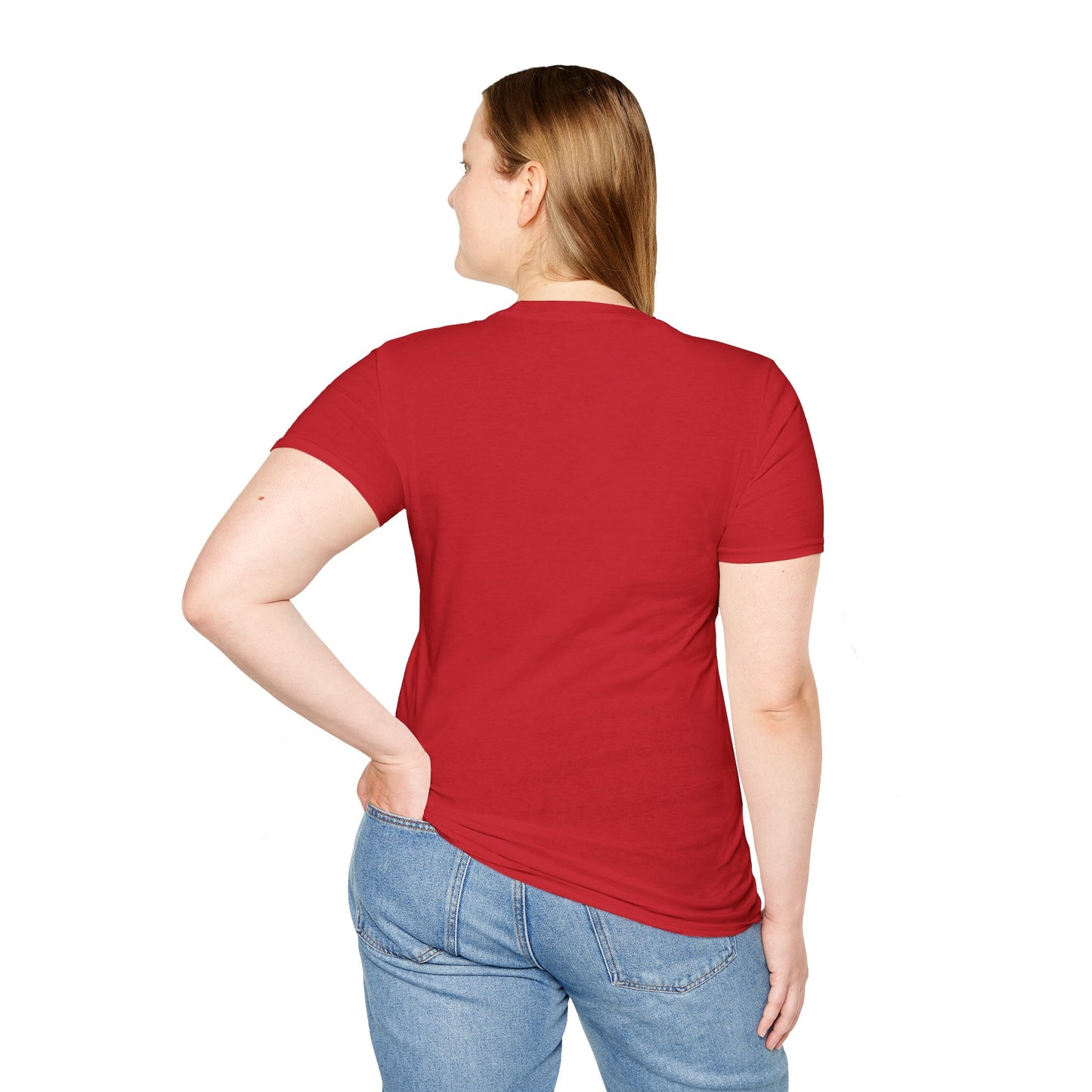 Person wearing a red t-shirt and blue jeans on a white background