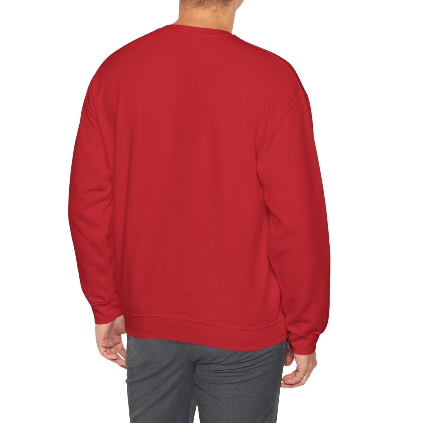 Person wearing a red sweatshirt on a white background