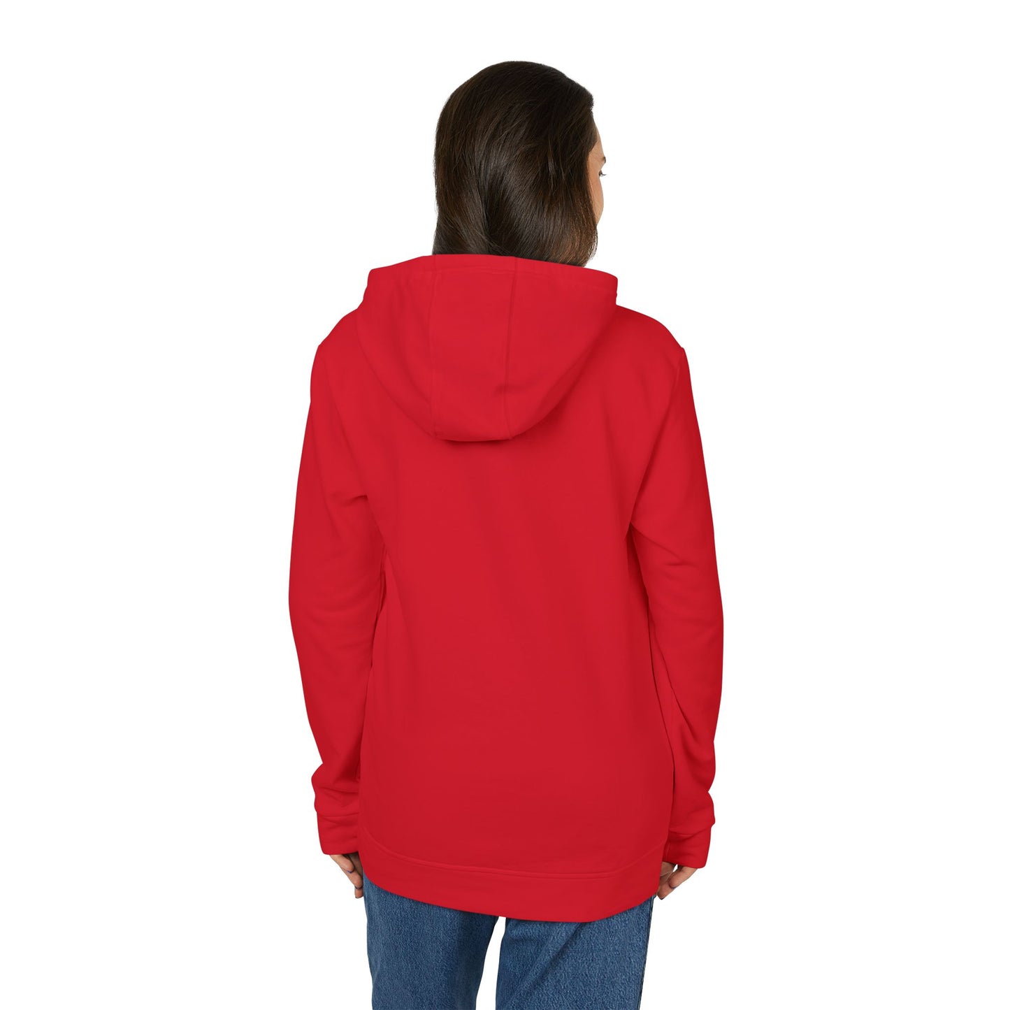 Person wearing a red hoodie on a white background