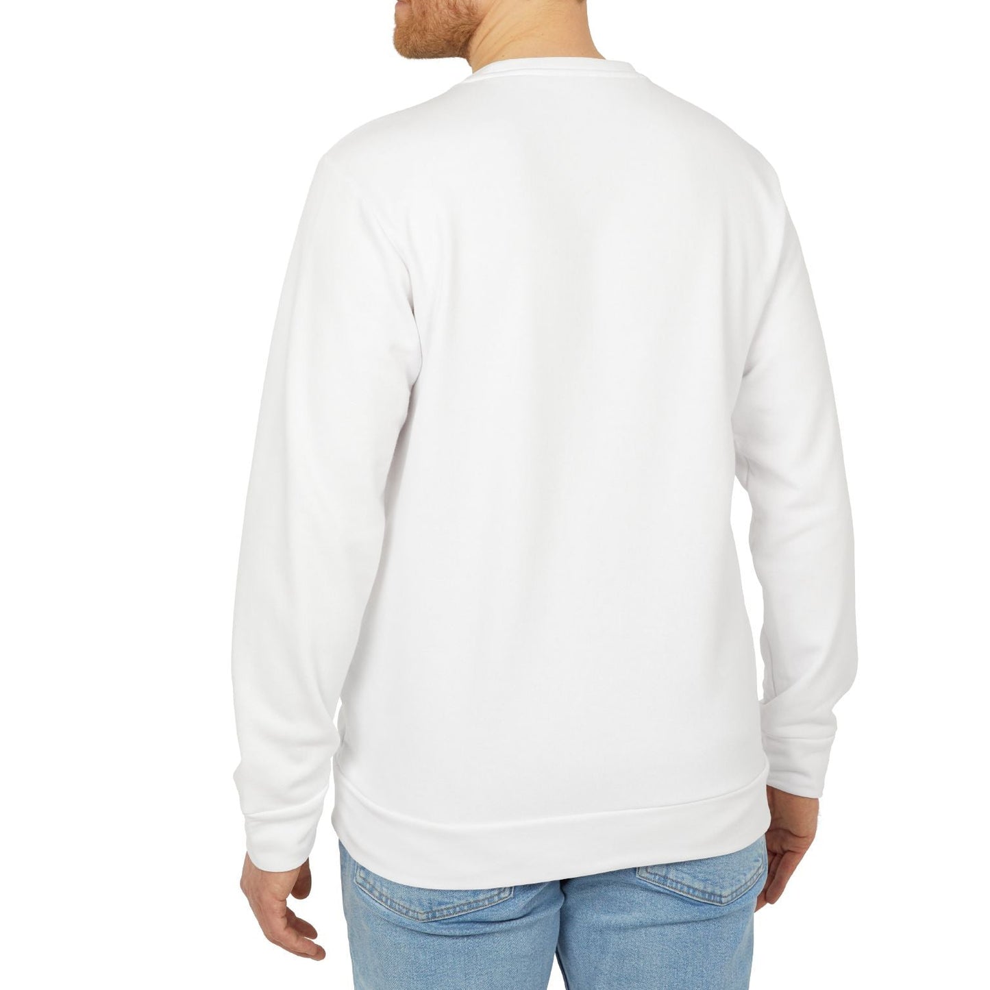 Man wearing a white sweatshirt and light blue jeans on a white background